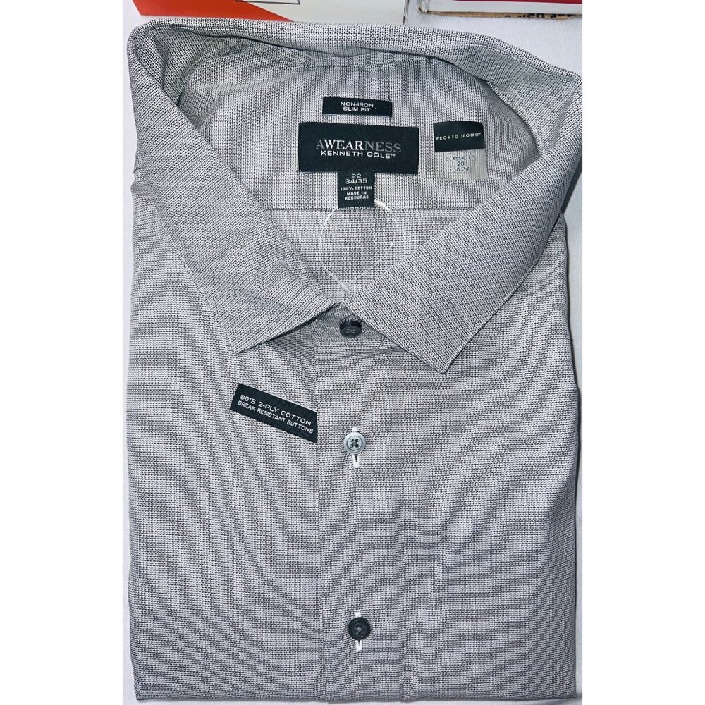 Kenneth Cole Awareness Mens Dress Shirt 22 34/35 Gray 65%Poly 35%Rayon Button-Up
